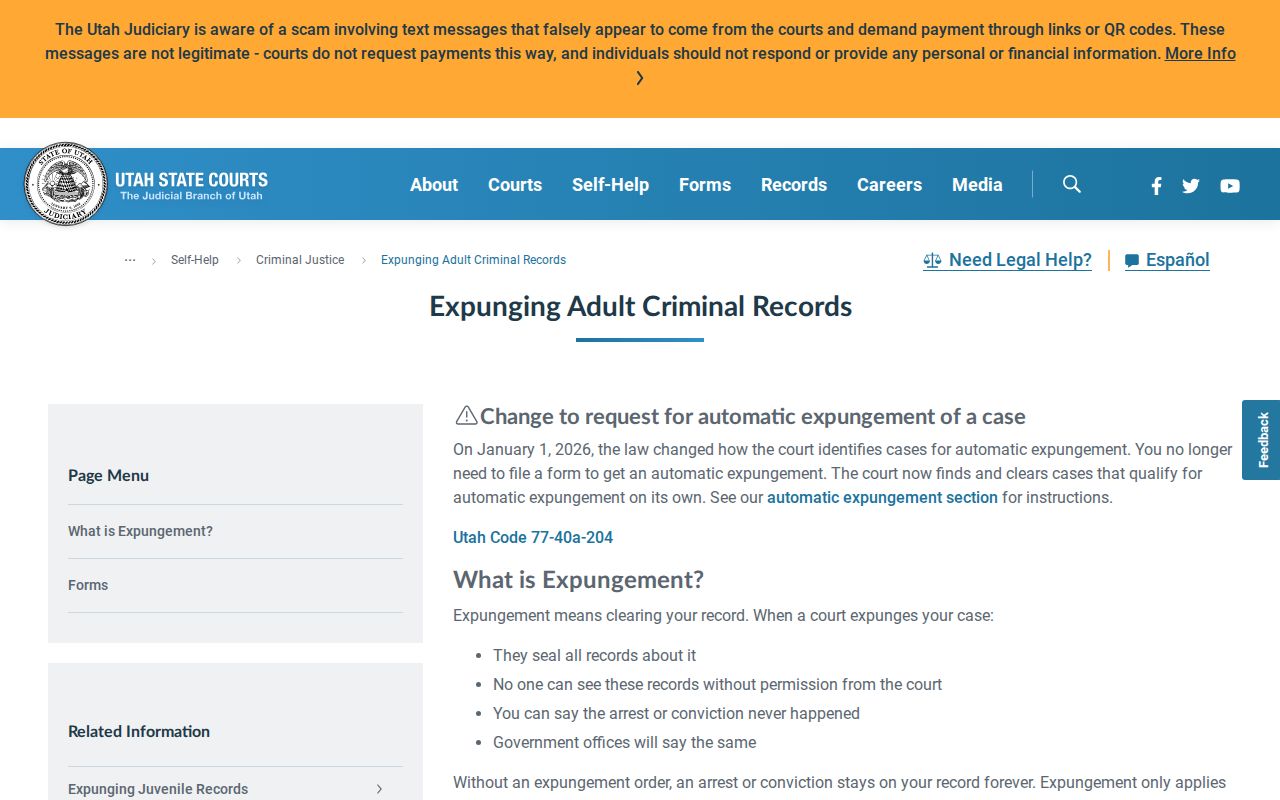 Utah Courts expungement information for criminal records