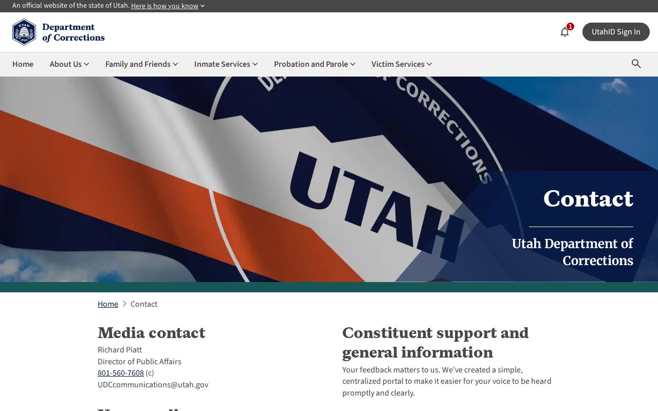 Utah Department of Corrections contact page for current records-request routing