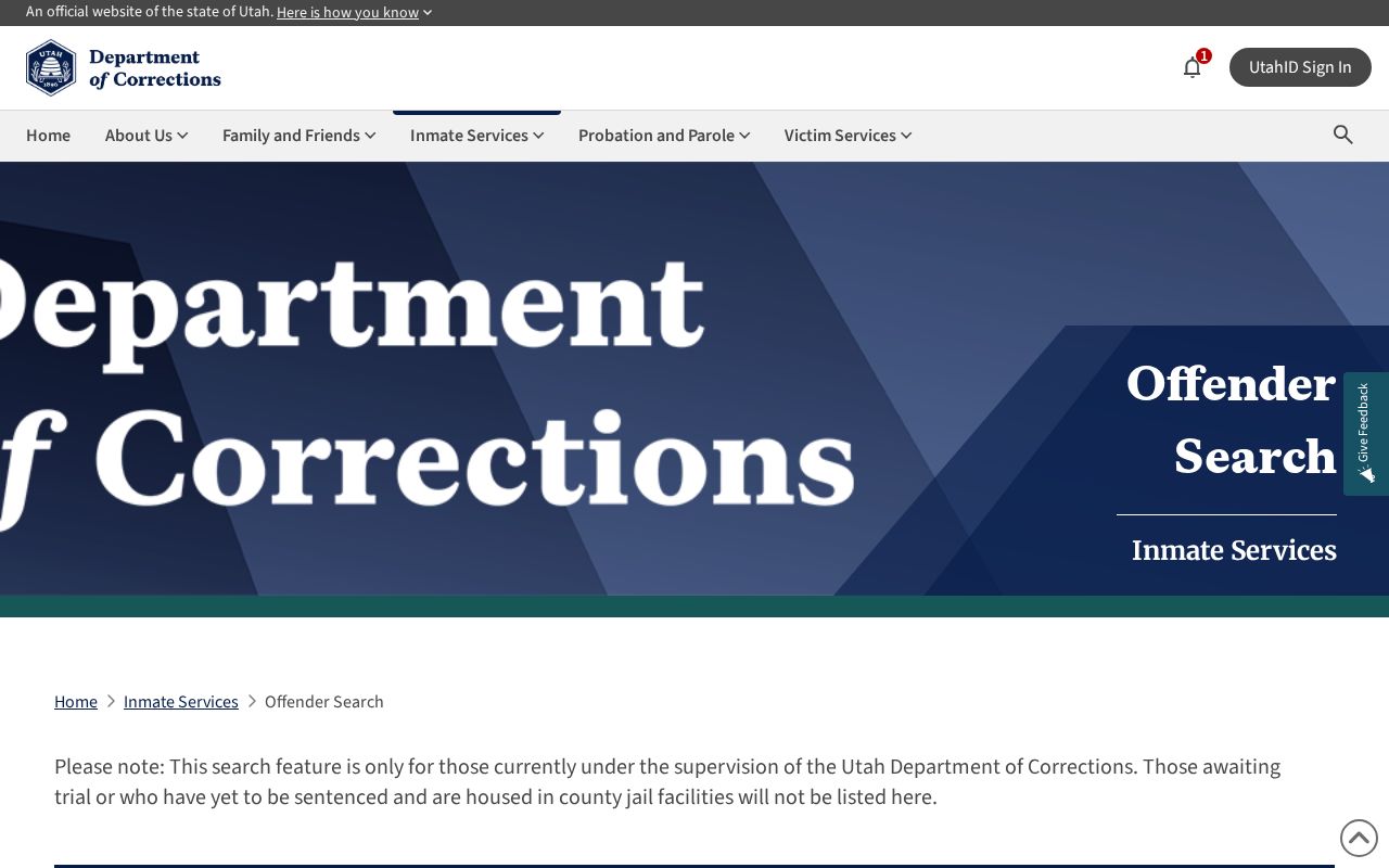 Utah UDC offender search form for state supervision records