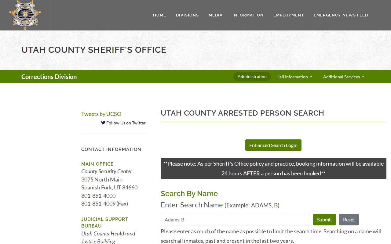 Utah County arrested person search and current inmate interface