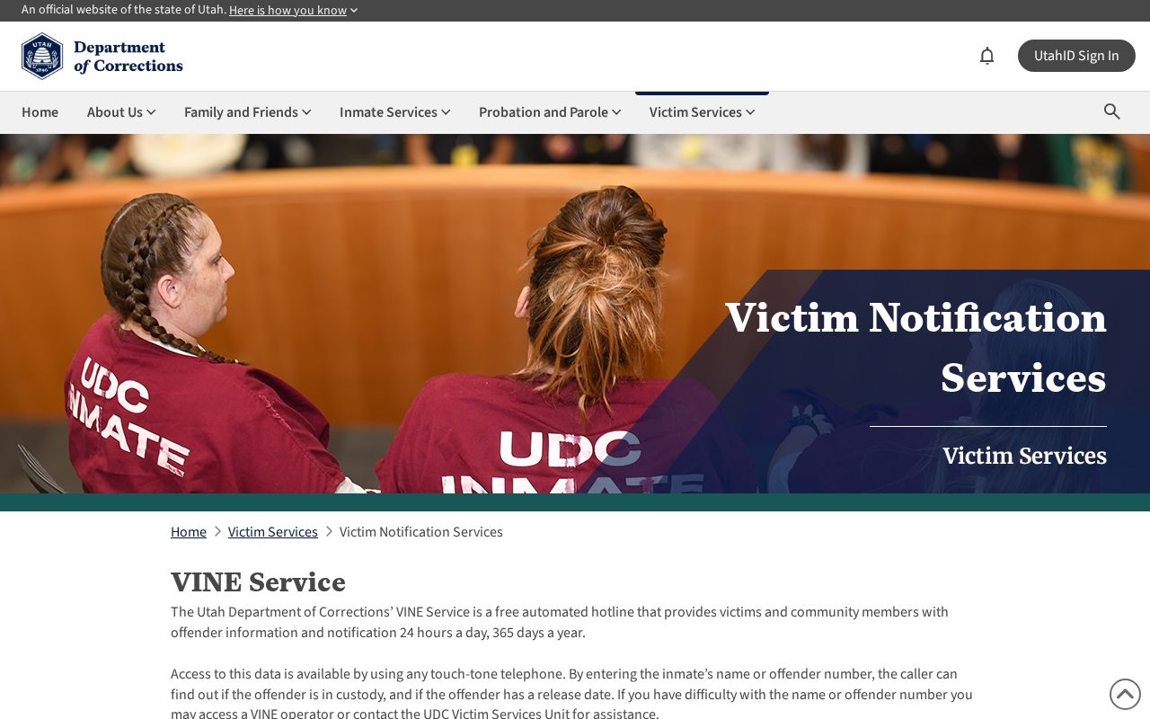 Utah Department of Corrections victim notification service page