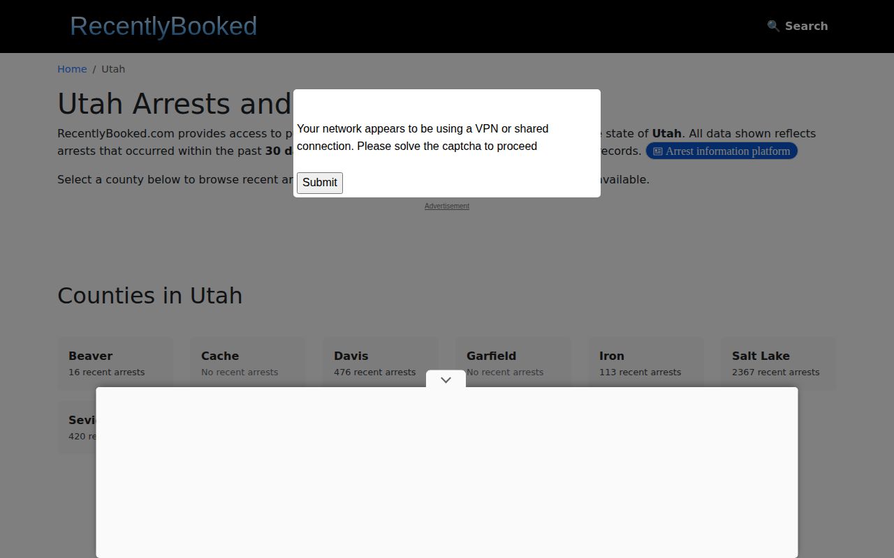 Third-party Utah arrest index page for recent bookings