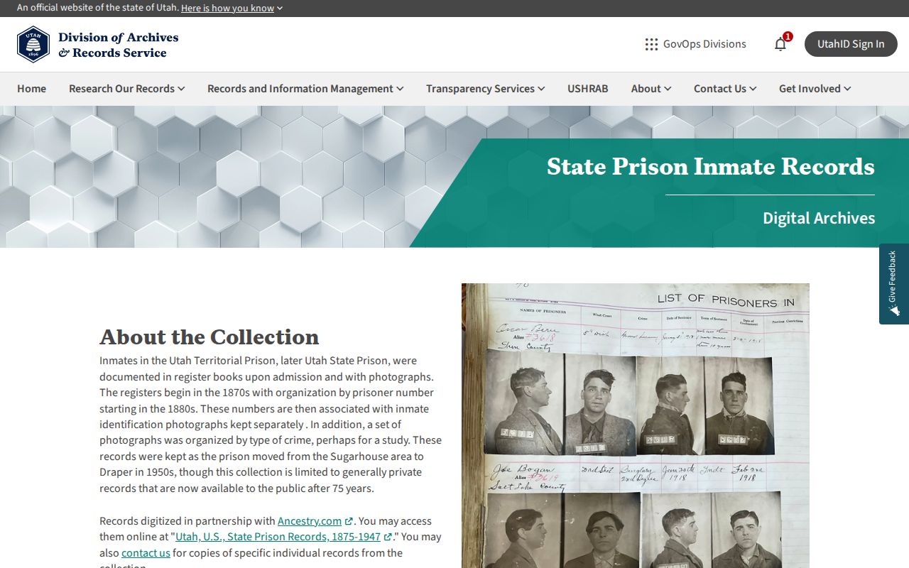 Utah State Archives State Prison Inmate Records collection with historical prison photographs