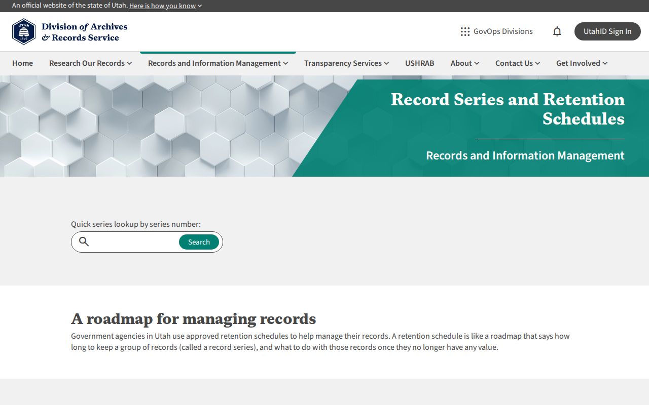 Utah State Archives retention schedule page for arrest records and mugshot records