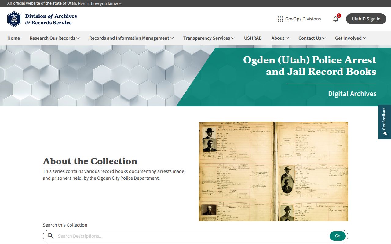 Utah State Archives Ogden Jail Books collection with historic arrest and prisoner records