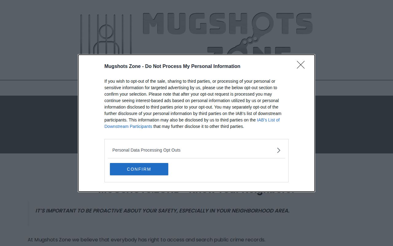 Mugshots.zone information page about its records database